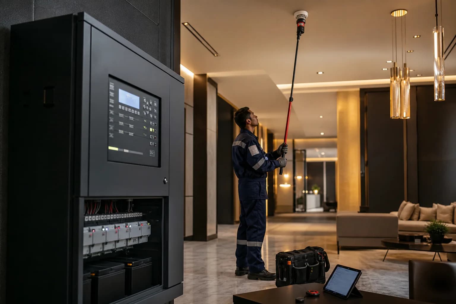 Technician testing a commercial fire alarm detector — illustrative service image