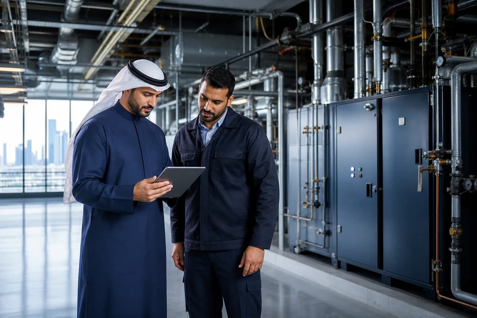 مدير عقار ومهندس مرافق يراجعان أنظمة المبنى — صورة توضيحية للقطاع