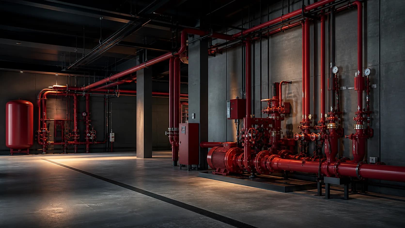 Commercial fire pump and sprinkler riser room — illustrative service image
